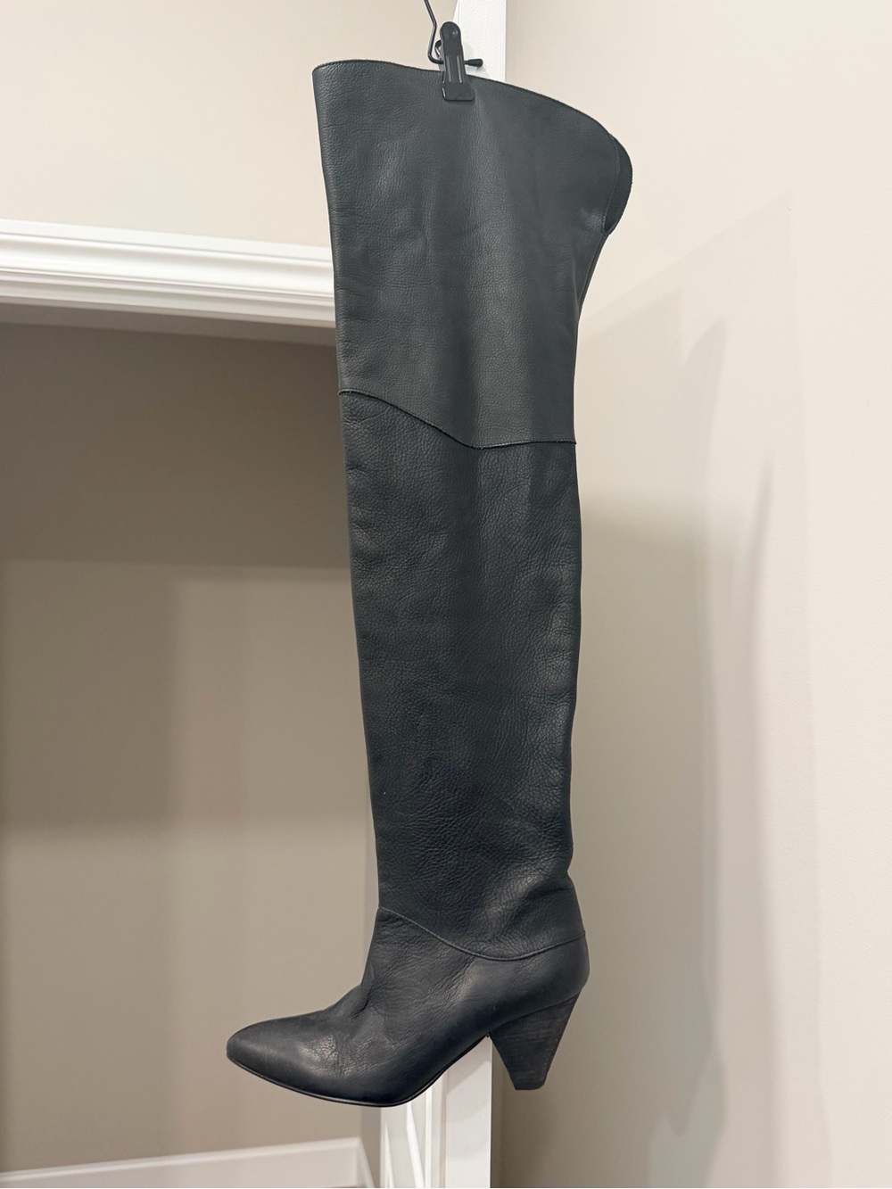 Free People Black Over-the-Knee Leather Boot with Block Heel